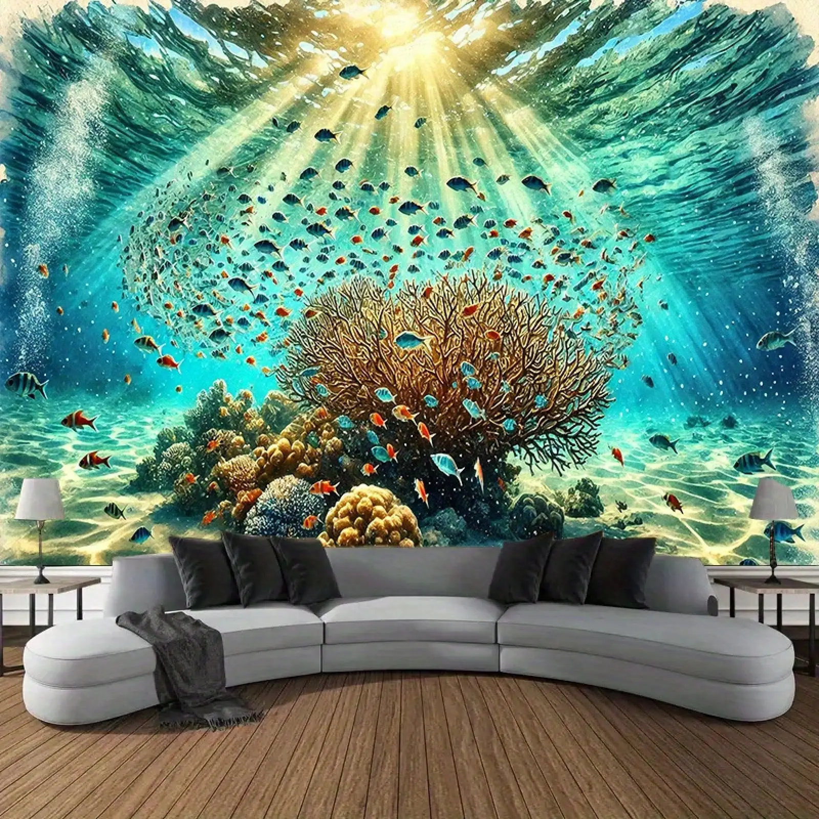 Ocean Life Tapestry - Underwater Coral Reef Wall Hanging, Tropical Fish Art, Sunlight Sea Scene, Multiple Sizes