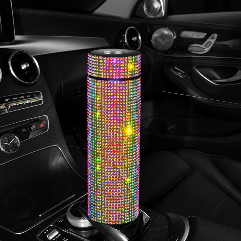 Rhinestone Diamond 500ml Coffee Cup Car Tumbler Vacuum Flasks Temperature Display Thermos Bottle Stainless Steel Water Bottle