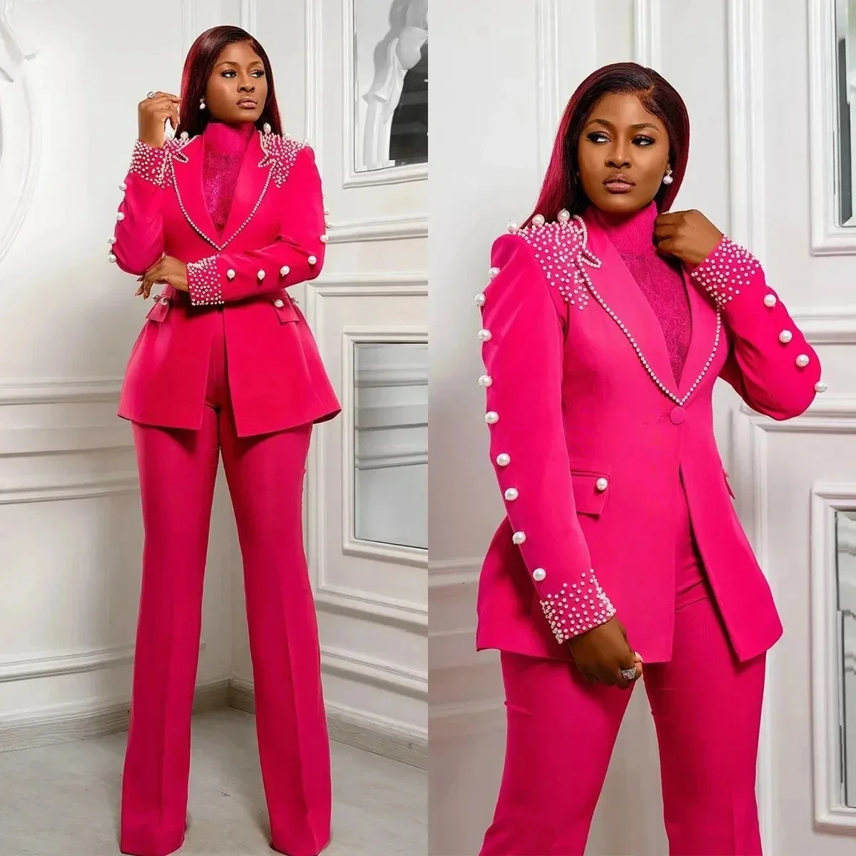 

Luxury Pearls Beads Women Suits 2 Pieces Formal Oe Button Blazer Pants Peaked Lapel Plus Size Custom Made Mother Of The Bride