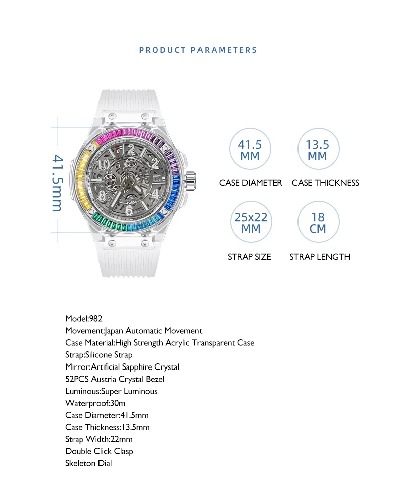 HANBORO Women Luxury Watches Ladies Automatic Wristwatch Skeleton Luminous Dial Austria Crystal Bezel Silicone Strap Sapphire