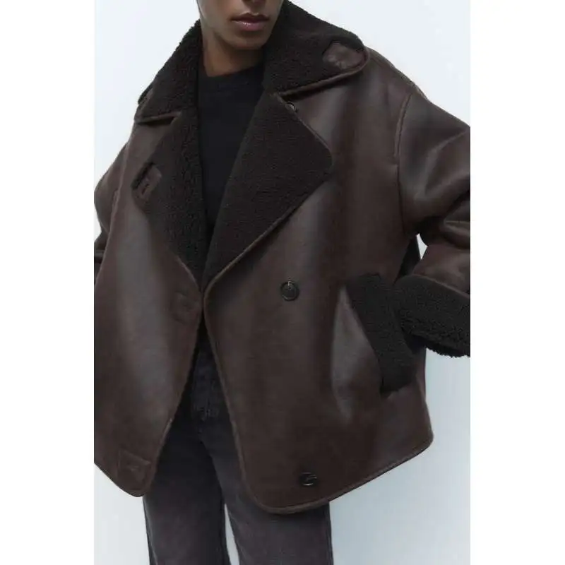 เสื้อโค้ทผู้หญิงแฟชั่นสองด้าน หนังและขนสัตว์ สำหรับฤดูใบไม้ร่วงและฤดูหนาว รุ่นใหม่ ZDATA สไตล์ลำลอง ทรงเข้ารูป