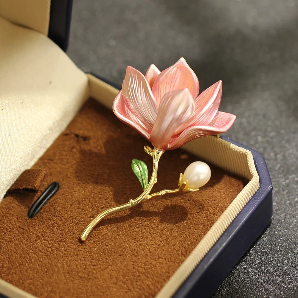 Pink Magnolia Pearl Brooch Enamel Flower High-End Lapel Pin for Evening Gown Suit Coat Women