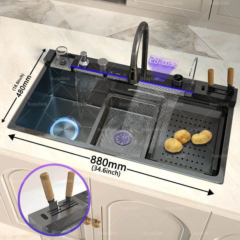 Wastafel dapur Stainless Steel, wastafel dapur dengan kaleng sampah timbul dengan keran air terjun tampilan Digital Solt tunggal besar