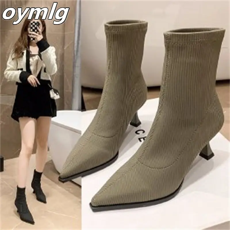 2022winter women\'s boots elastic socks boots high heels knitted skinny boots stiletto mid-tube short boots pointed toe bare boot