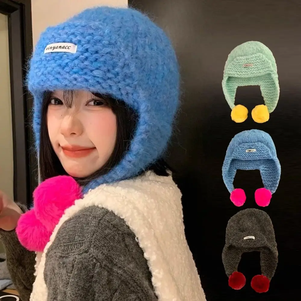 

Fashion Autumu Winter Women Knitted Cap Fluffy Pom-pom Sweet Warm Beanie Hats Y2k Versatile Ear Protection Caps Outdoor