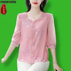 M-4XL 2024 Fashion Square Neck Button Tops Women Office Lady Pink Elegant Retro Vintage Lace Shirts Blouses