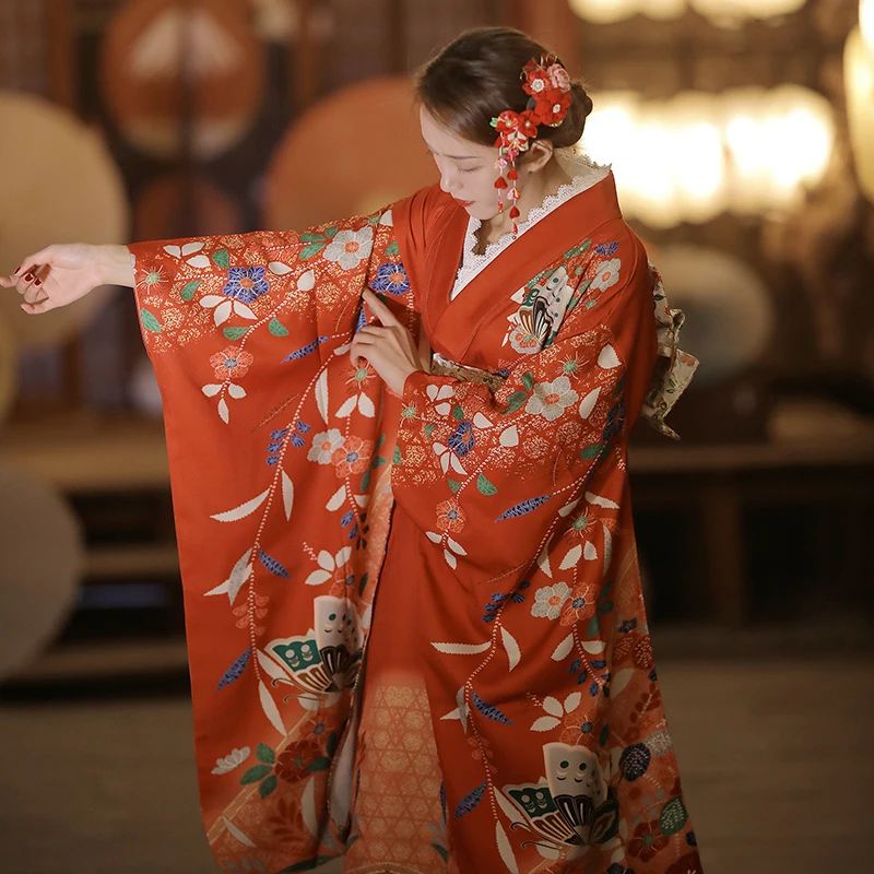 

Women's Long Sleeve Kimono Red Butterfly Print Traditional Japanese Yukata Formal Photography Dress Cosplay Costume