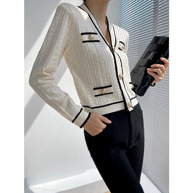 Special Jacquard Craft Knit Cardigan Jacket Women\'s Autumn College Style Short Sweater Black V-neck Outer Long Sleeve Top