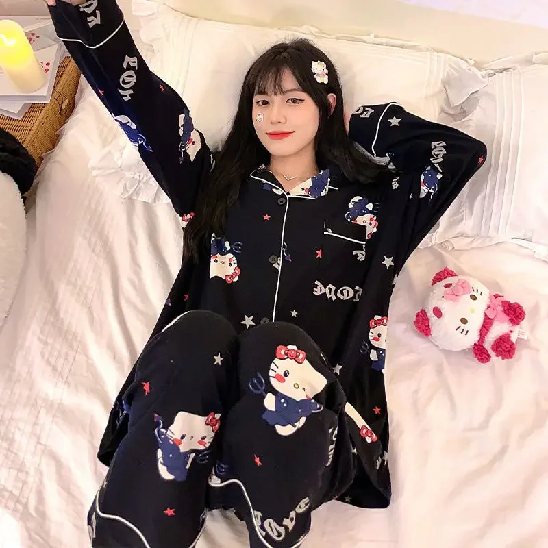 New Sanrio Hello Kitty Kuromi Anime Ladies Pajamas Lapel Long Sleeve Cardigan Set Spring Autumn Loose Leisure Outdoor Loungewear