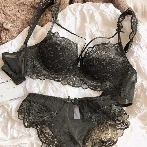 MOYISU sexxy Lace Bralette Set Small Busts French Design Removable Straps with Thin Push Up Pads Soft Underwire Bra Cover Top AB