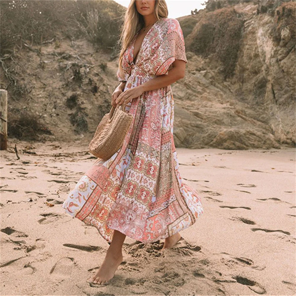 2022 Loose Boho Maxi Dress Ethnic Style Printed Swimsuit Cover-up Bohemian Dress Robe Plage Kaftan Long Dress Beach Wear Tunics