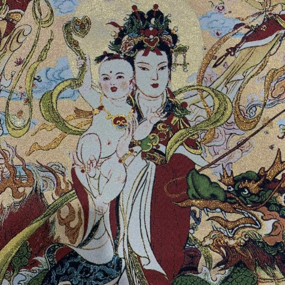Tibet Tibetan Cloth Silk Guanyin bodhisattva with the auspicious child Thangka Tangka Embroidery Painting