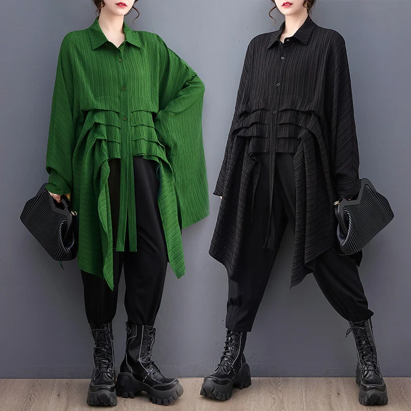 #2801 Black Green Irregular Shirt Women Batwing Sleeve Loose Long Streetwear Hip Hop Womens Tops And Blouses Folds Korean Style