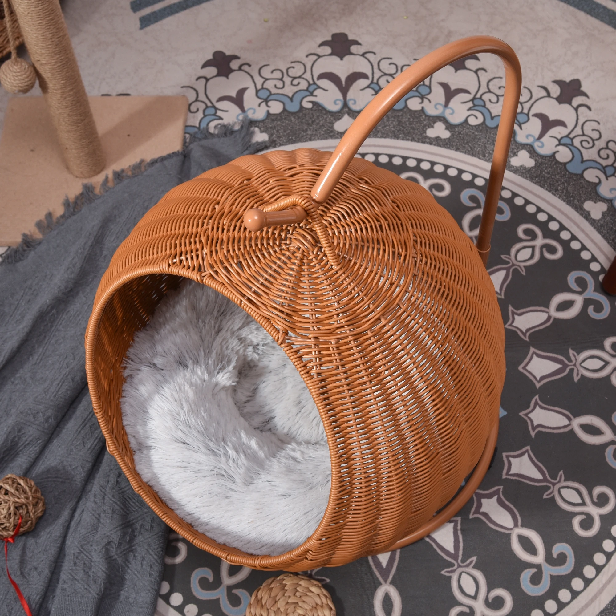 XH Novelty Plastic Rattan Woven Hanging Hammock Egg Chair Lounge Chair Soft Deep Cushion With Hammock Stand For Pet Cage Cat Dog