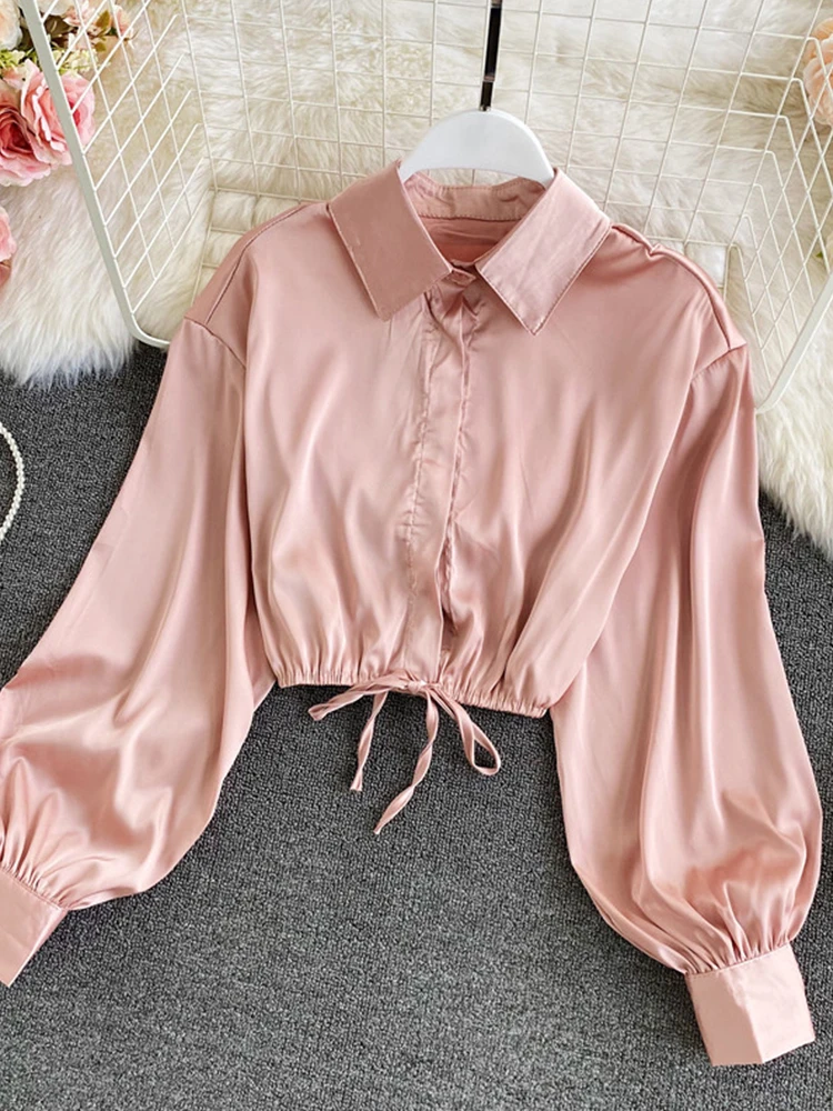 2022 Spring New Satin Women Shirts Solid Turn Down Collar Long Sleeve Women Blouse Fashion Drawstring Folds Slim Cropped Tops