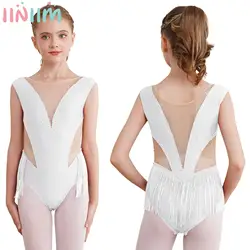 Kids Girl Ballet Leotard Figure Skating Gymnastics Latin Dance Cha-Cha Performance Clothes Shiny Rhinestone Tassel Mesh Bodysuit