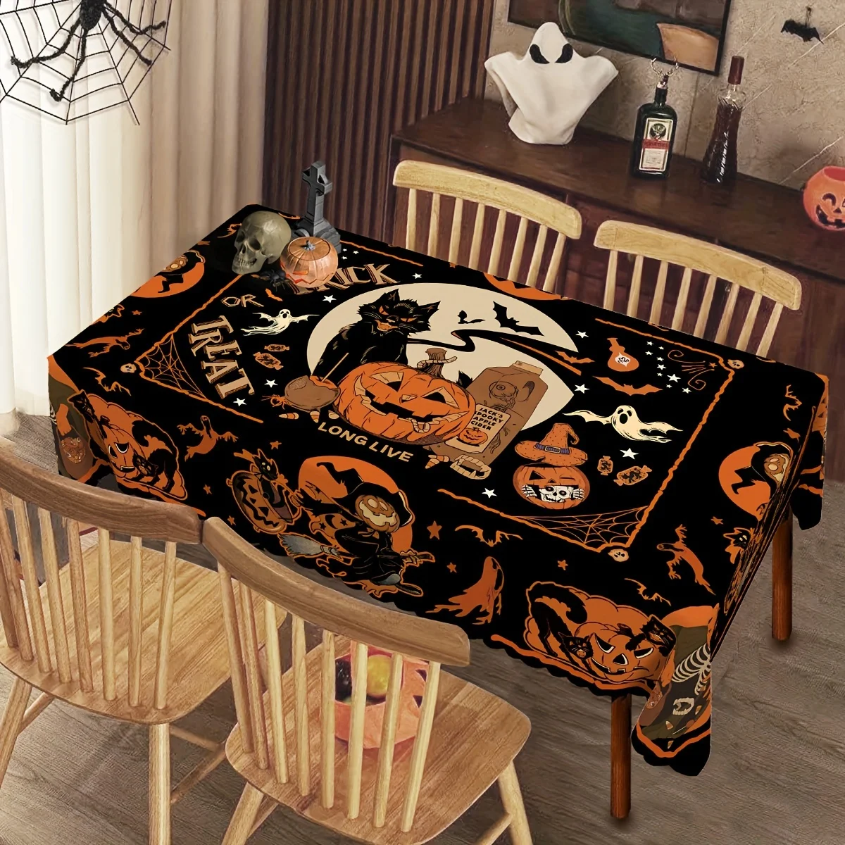1 piece of pumpkin black cat Halloween tablecloth, bat skull witch ghost tablecloth, terrifying Halloween tableclothzyc