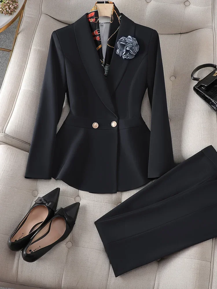 Blazer e calças femininas com plissado fino, conjunto formal de duas peças, calça azul e branca, moda elegante de trabalho para senhoras, nova para outono