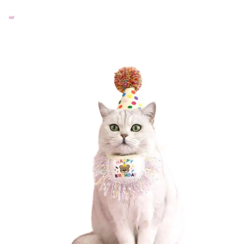 2PCS Colorful Dogs Birthday Hat with Bib Fashion Pet Lovely Spring Carnivals Hat for Photography Funny Birthday Hat