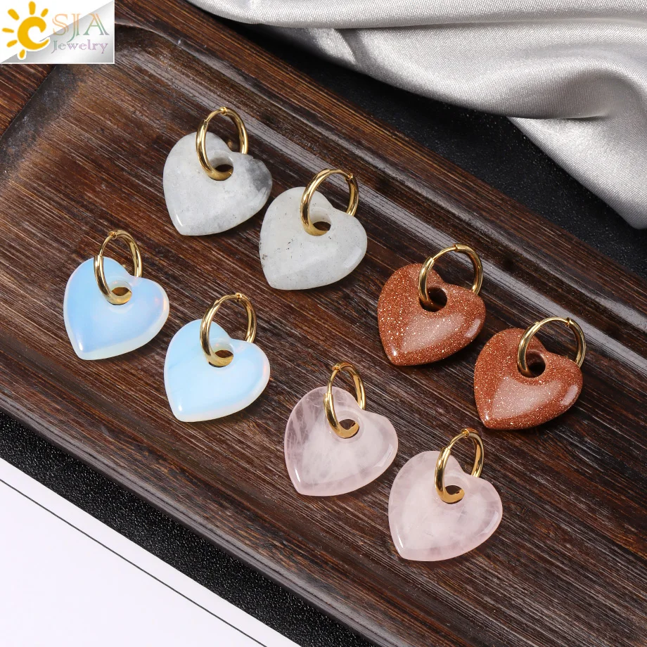 CSJA Stainless Steel Hoop Earring for Women Healing Natrual Stone Heart Pendant Amethysts Crystal Earrings Jewelry H712