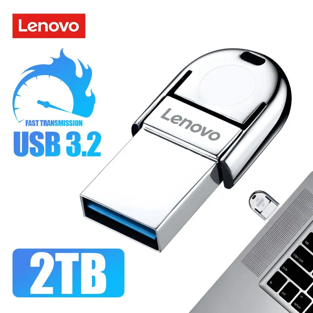 Lenovo-Unidade Flash USB Impermeável, Disco Pendrive, Stick de Alta Velocidade, Disco Tipo C, 2 em 1, 256GB, 128GB, 2TB