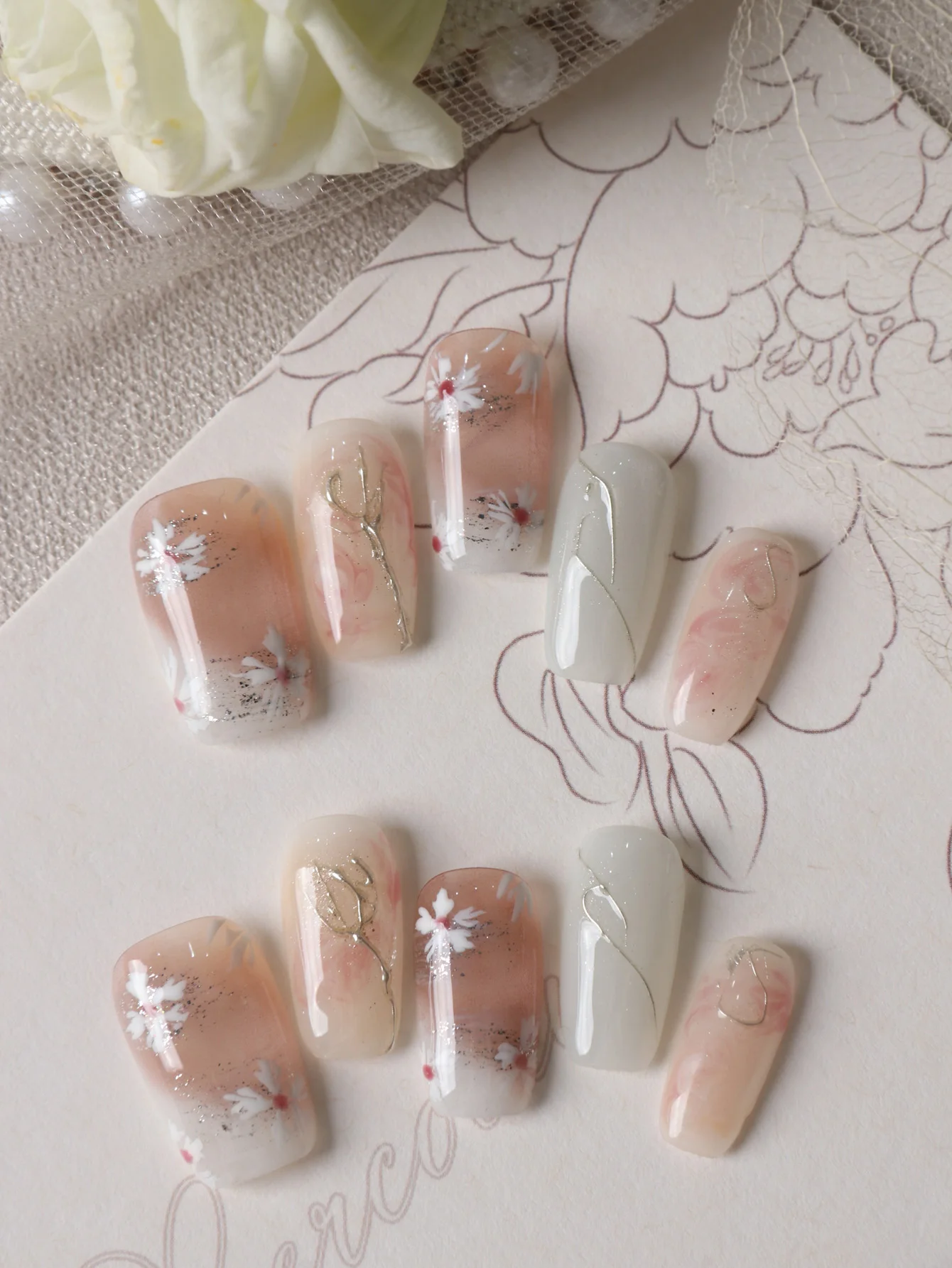 10Pcs Press on Nails Short Pink Green White Little Flower Fake Nails Includes 1Sheet Adhesive Tabs &1 Pc Mini File