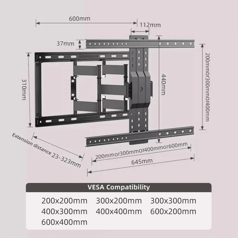 Full Motion TV Wall Mount for 40-85 inch TVs, TV Bracket with Dual Articulating Arms, Tilt, Swivel, Extension, Max VESA 600x400