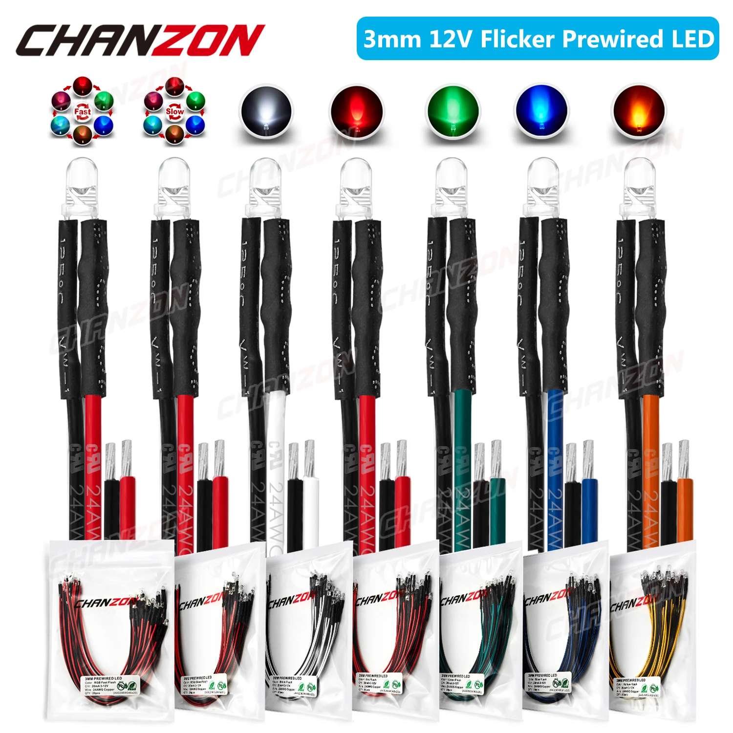 20pcs 3mm Prewired LED Diode Emitting DC 12V Light Lamp Bulb Blinking White Red Green Blue Yellow RGB Flashing Pre Wired Cable