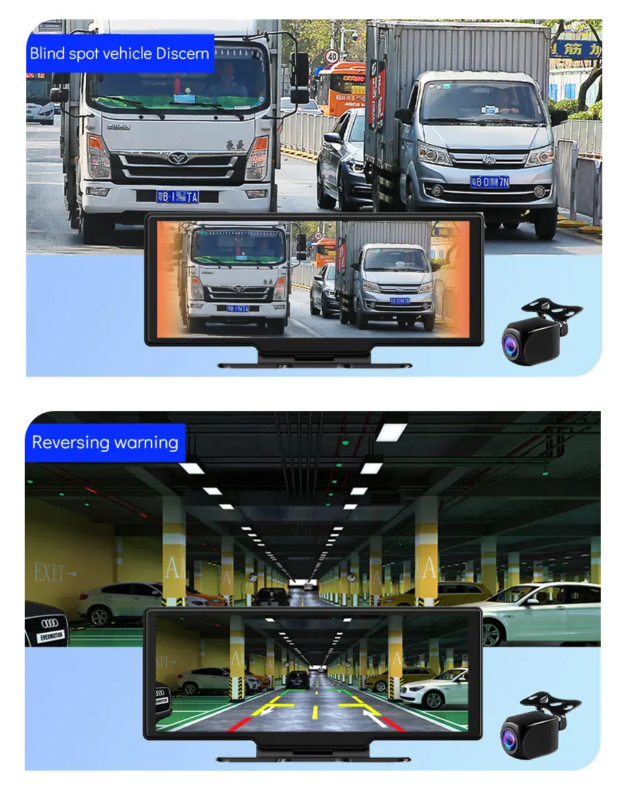 EKLEVA 10.26 "4K double caméra de tableau de bord avant à l'intérieur IR Vision nocturne 24H moniteur de parc voiture DVR WiFi BT CarPlay g-sensor enregistrement en boucle