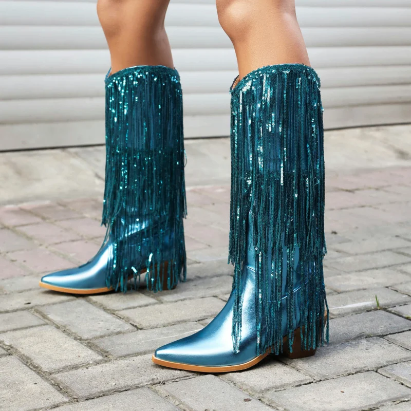 40-48Foreign Trade Cross-Border plus Size Autumn and Winter Women's Boots Sequined Tassel Pointed Thick High Heel Knee-Length Hi