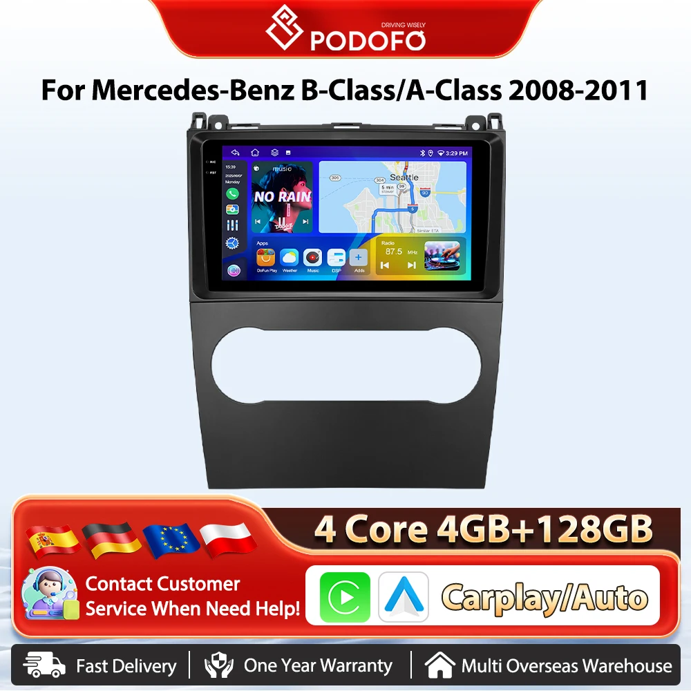 Podofo 8-Kern-Auto-Autoradio für Mercedes-Benz B-Klasse/A-Klasse 2008–2011, kabelloses CarPlay, Android-Auto, Multimedia-Stereo, WIFI, GPS