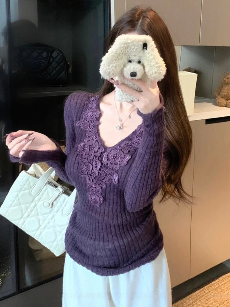 Slim Fit Long Sleeve V-Neck Knitwear Women's Base Layer Top Autumn Winter Floral Splicing Design French Style Casual Inner Wear
