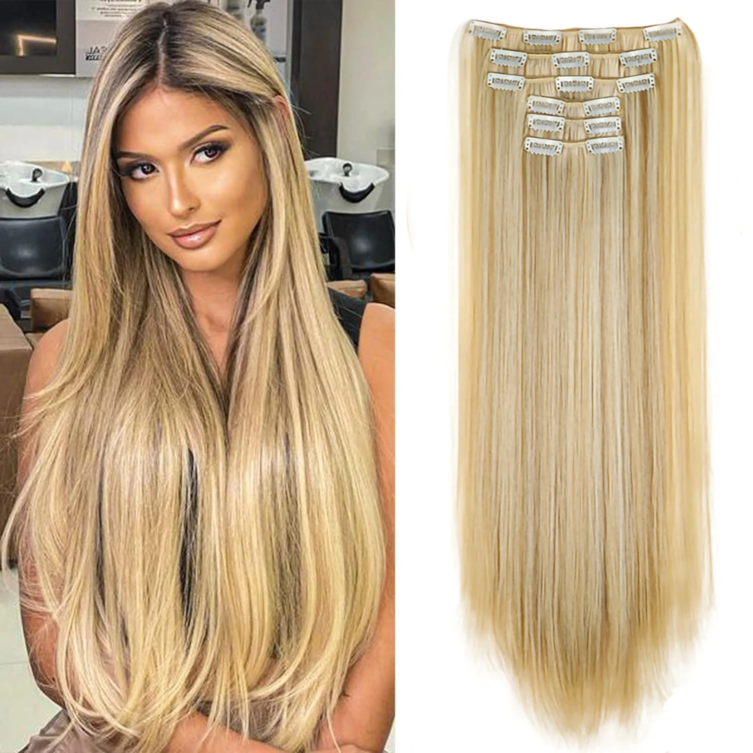 24 Inch Synthetic Straight Clip in Hair Extensions 6 Pieces Full Head Wig Heat Resistant Cosplay Party Daily Use