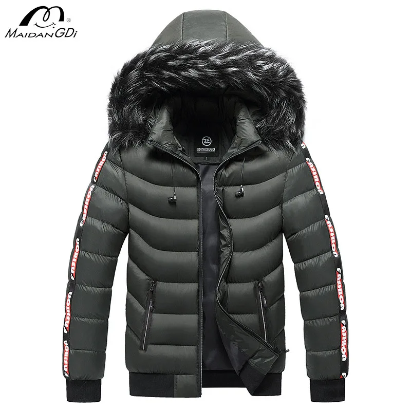 MaiDngDi Winter Men Hooded Fleece Jacket Fashionable Winter Warm Lined Cotton Mens Coat Outdoor Daily Classic Big Size Male Top