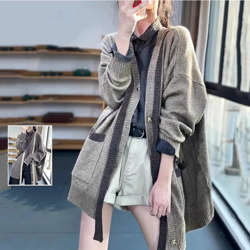 

Color Contrast Medium Length Sweater Coat Spring And Autumn Large Size Women's V-Neck Versatile Cardigan Jacket Outerwear T2062