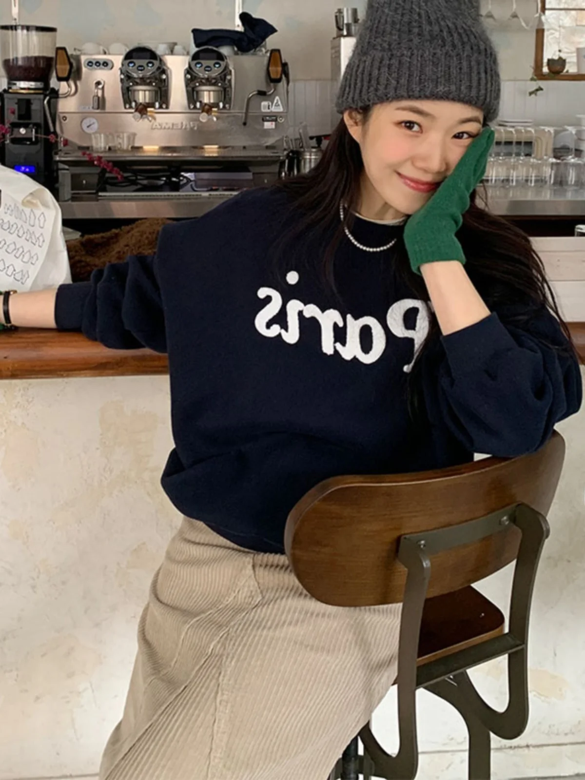 Korean Style Loose Cotton Fleece Sweatshirt Women's Spring Autumn New Lazy Style round Neck Outerwear Commute Versatile Top T...
