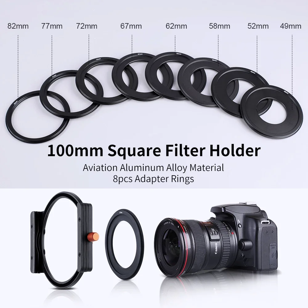 K&F Concept 100mm Square Filter adapter Holder Aluminum Metal can install 2 Square Filters 49/52/58/62/67/72/77/82mm Adapters