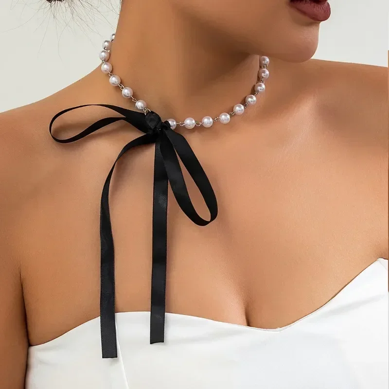 Elegant White Imitation Pearl Long Black Ribbon Choker Necklace For Women Trend Wedding Party Jewelry Beach Vacation Necklaces