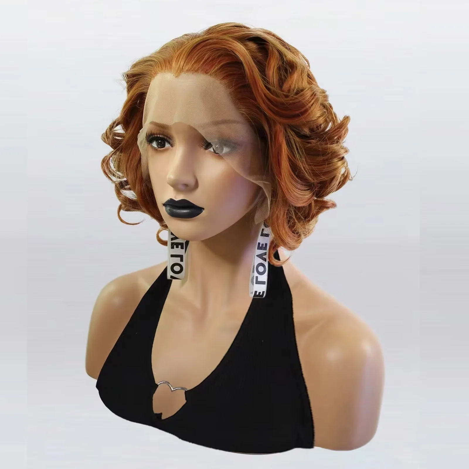 Synthetic 13*2 Shoulder Length Finger Wave Ginger Bob Lace Frontal Wig, 12 inch Short Brown Mixed Deep Wave Lace Front Wig