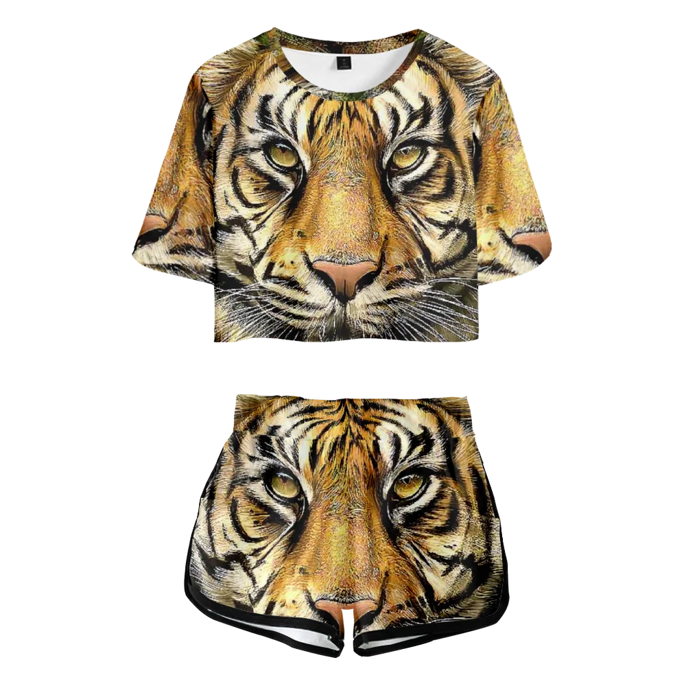 Tiger Animal Ferocious 3D Summer Unisex Sets Sexy Short Tops+shorts Elastic Waist Suit Streetwear Style Two Piece Sets Dropship