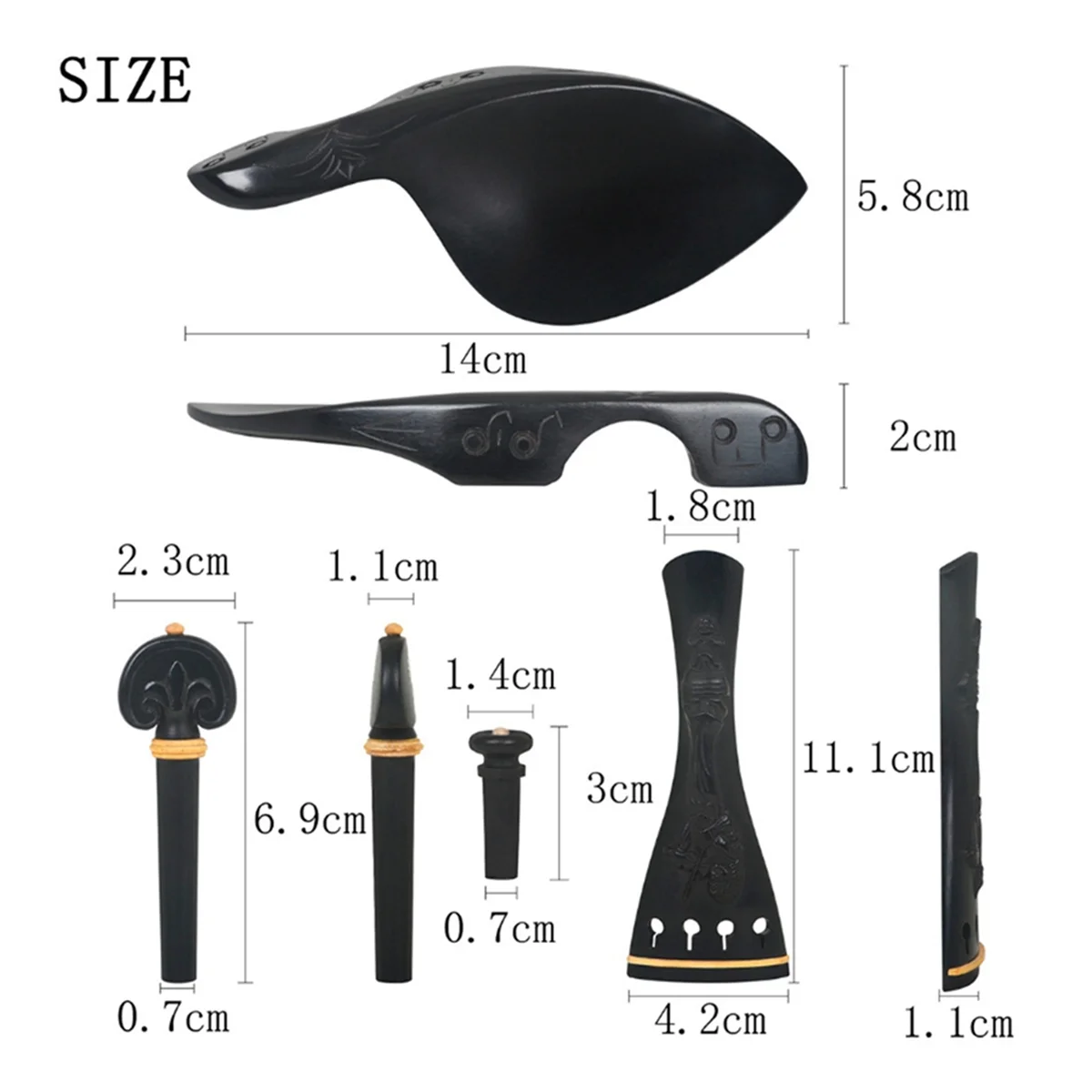 Hand Carved Ebony Violin Accessories 4 Piece Set with Relief Flower Tailpiece, Pegs, Chinrest, and Endpin