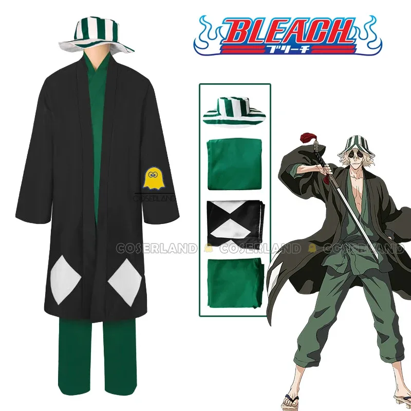 

Аниме Билич Урахара Кисуке, костюм для косплея, парик, черный, зеленый плащ, наряд хаори, шляпа-ведро, веер, тысяча лет, кровавая война