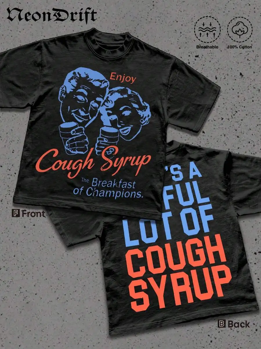 

Black Graphic Tee with Retro Cough Syrup Print - Pure Cotton, Breathable, Casual Streetwear