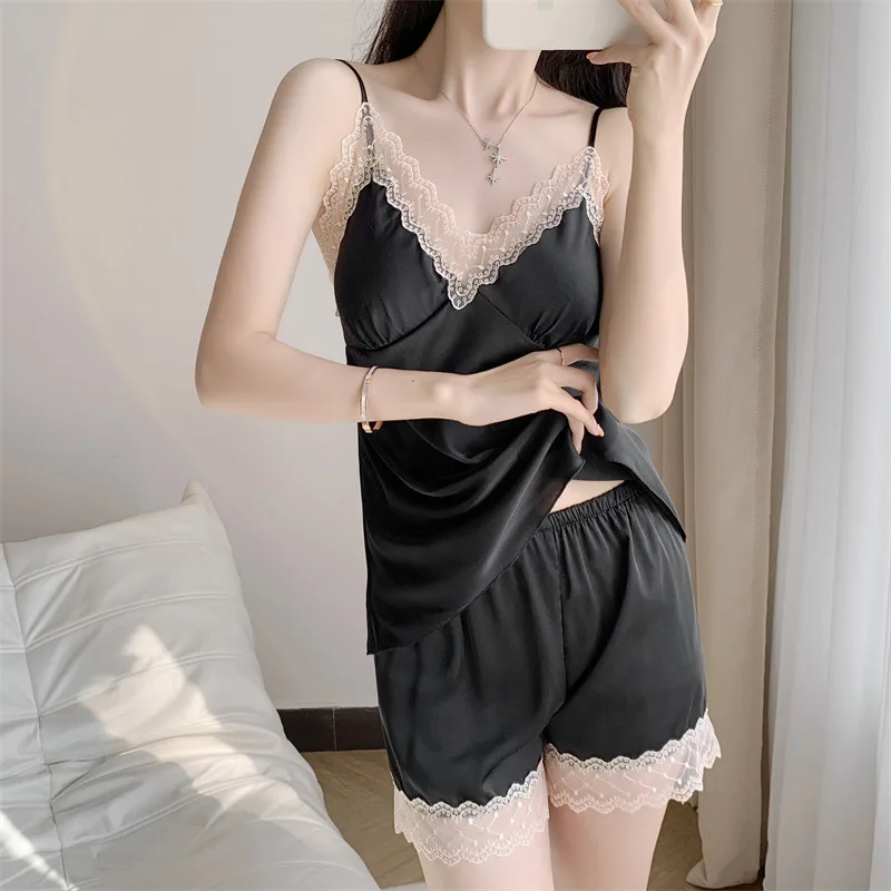 Sexy Ice Silk Pajama Women Summer Thin Sexy Pure Desire Lace Suit With Breast Cushion Suspender Shorts Two-piece Home Wear