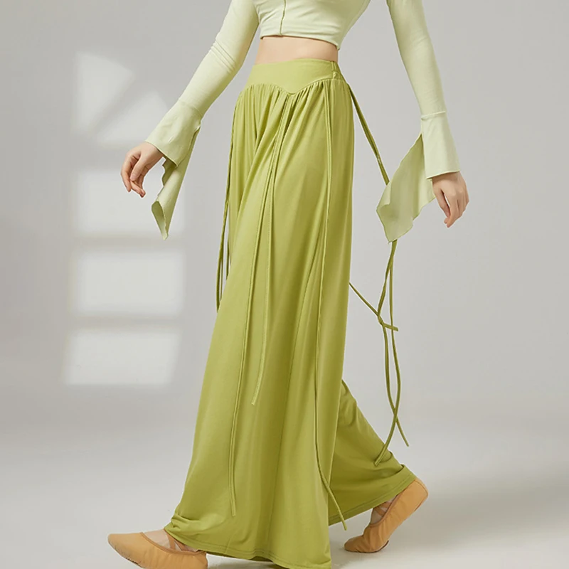 Modern Dance Pant Women Pleat Wide-Leg Long Trousers Side Tied Bands Elastic Waist Casual Yoga Classical Stage Training Clothes