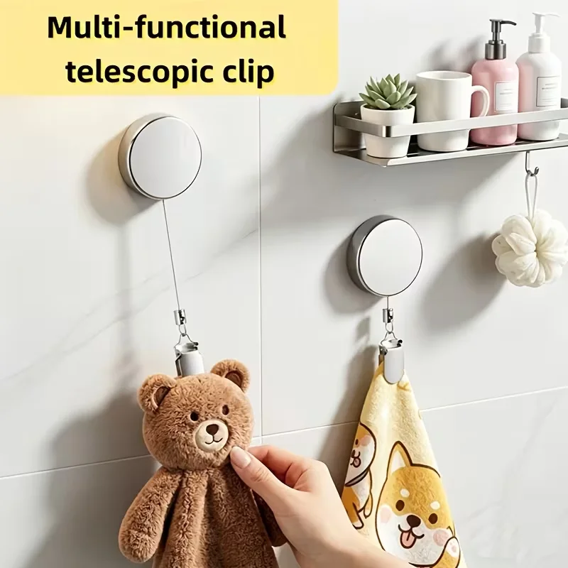 Automatic Retractable Towel Rack, No Punching Self-Adhesive Wall Hanging Towel Holder, Automatic Rebound with Strong Clip