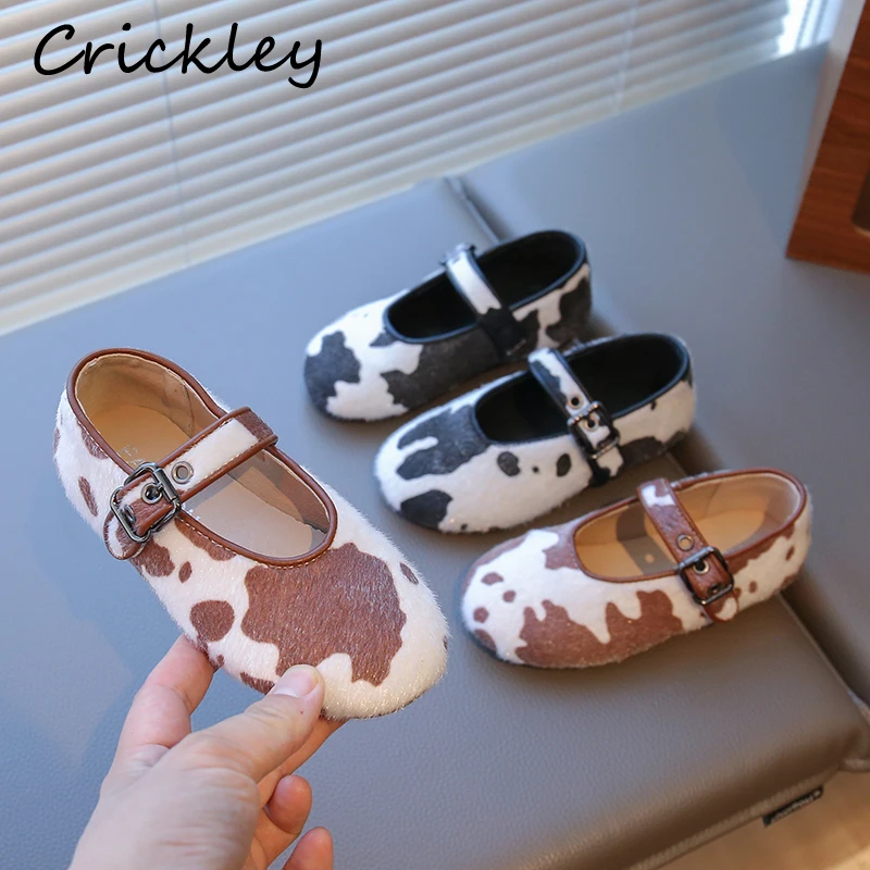 

New Kids Flats Shoes Cow Pattern Buckle Anti Slip Girls Fashion Shoes Hook Loop Soft Bottom PU Leather Children Mary Janes