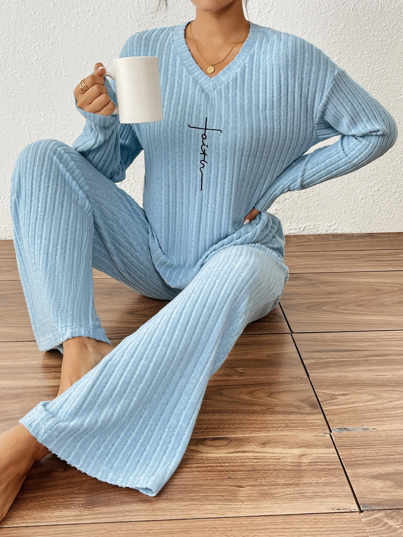 Ribbed Knit Women Loungewear Set, V‑Neck Faith Cross Embroidery Top Wide Leg Pants Sleep Outfit