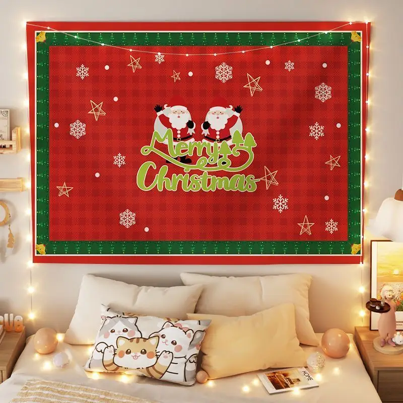 VIKAMA Wall Tapestry Red Plaid Merry Christmas Santa Snowflake Star Winter Holiday Wall Hanging Home Decor Living Room Bedroom