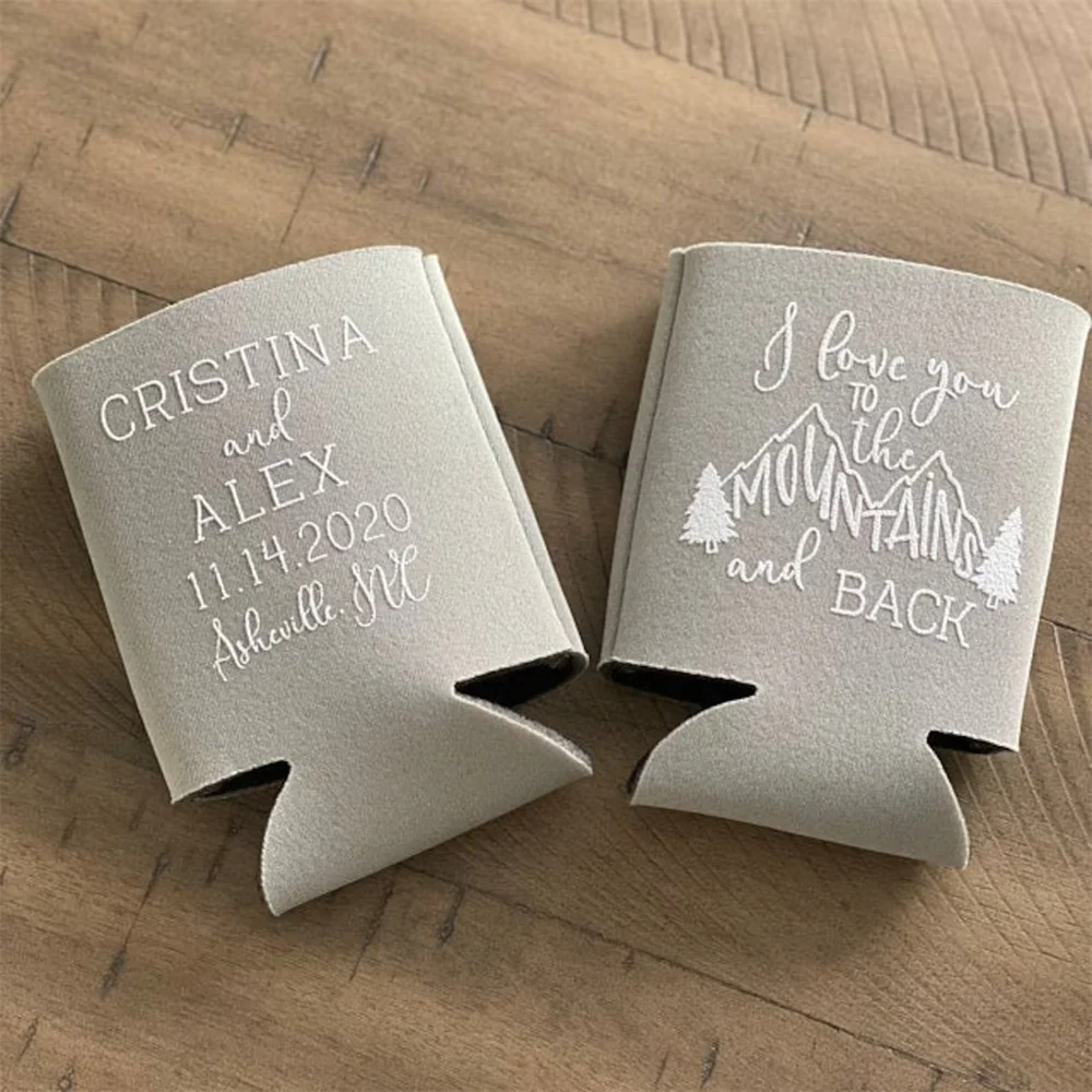 Fall Wedding Favors for Guests - Personalized Rustic Mountain Wedding Can Coolers, I Love You to the Mountains and Back Destinat